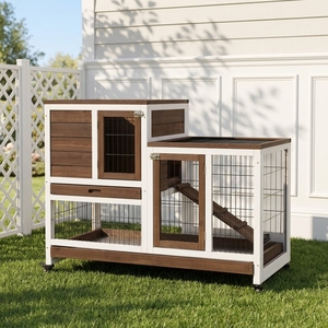 Cage à lapins <span class=keywords><strong>en</strong></span> bois surélevée, habitat pour petits animaux d'intérieur avec enclos, roues, rampe et plateau amovible - Product Image 1