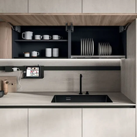 Meuble de cuisine modulaire laqué blanc brillant, salle à manger moderne, mini appartement, projet hôtelier, unités acryliques pour petits espaces, évier