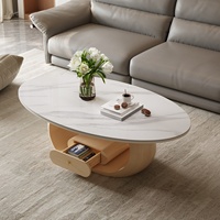 Table basse ovale moderne pour petit appartement, en bois massif avec plateau en dalle de roche, rangement intégré, mobilier de salon design, luxe léger