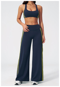 Solid Color Yoga Set Women's Racerback Crop Top High Waist Wide Leg Pants With <b>Side</b> Stripe Breathable Sportwear 2 Piece Outfit - Product Image 5