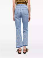 Jean en denim décontracté d'été pour femme, broderie Madeira, ajouré à œillets, motif floral, taille haute, coupe droite ample, boutonné, tissé