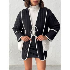 Topshow Women's Black Quilted <b>Suede</b> <b>Jacket</b> with Plush Pocket Details, Elegant Warm Outerwear for Autumn Winter. - Product Image 4