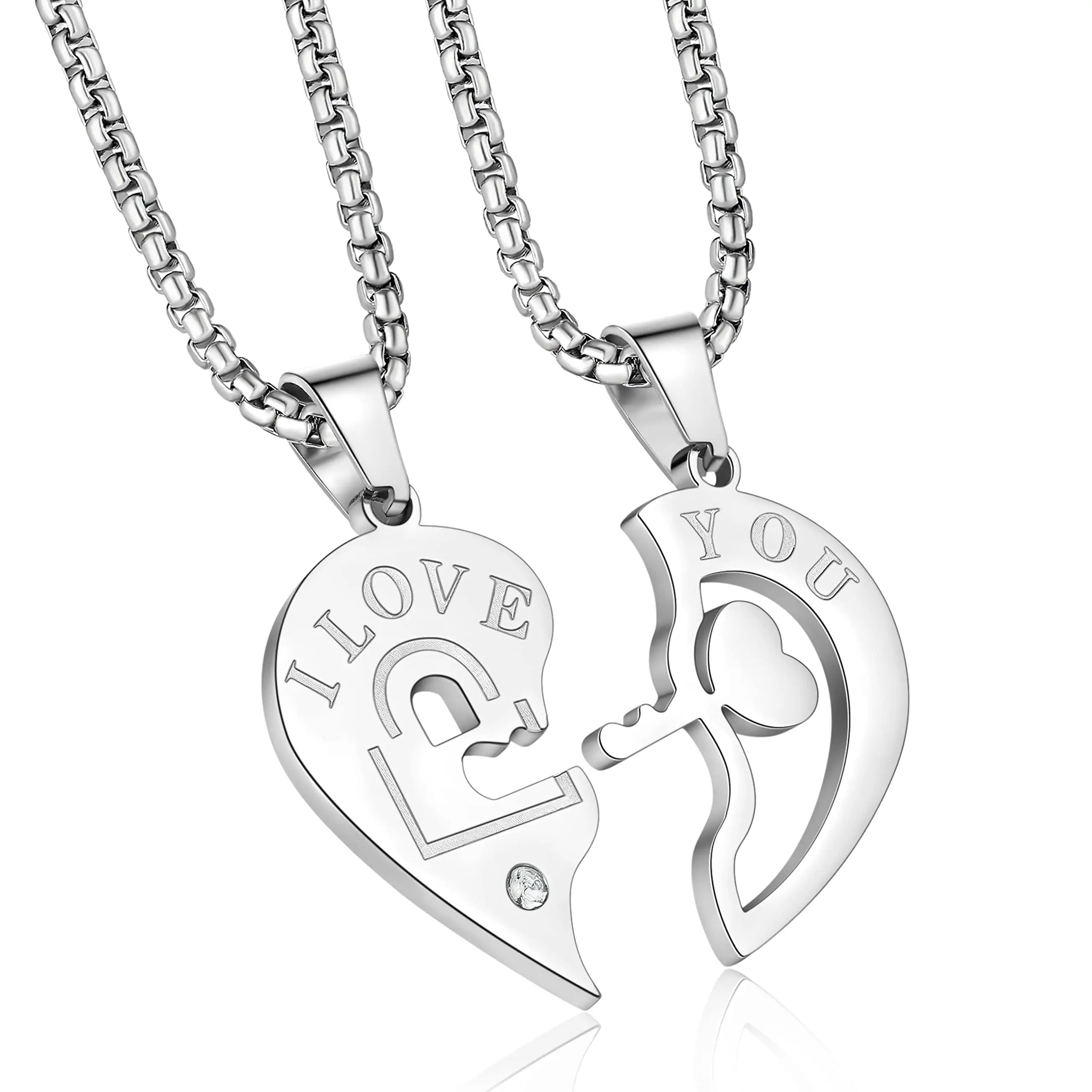 Benutzer definierte minimalist ische Gravur Medaillon Schlüssel Paar Herz Edelstahl Halskette Anhänger Gold Puffy Split Heart Charms Kette Halskette