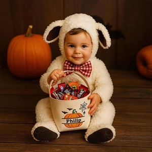 Cubo de Lona Personalizable para Halloween con Bordado de Calabazas, Murciélagos y Telarañas, Personalizable con el Nombre del Niño - Product Image 2