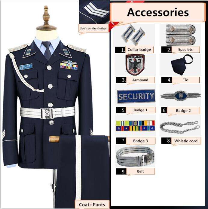 Manteau bleu foncé + pantalon + ceinture dorée + 8 accessoires