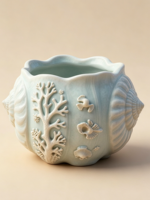 Pot de fleurs en céramique à motif coquillage en relief sur le thème de l'océan, design vintage corail et conque pour la décoration de maison de plage