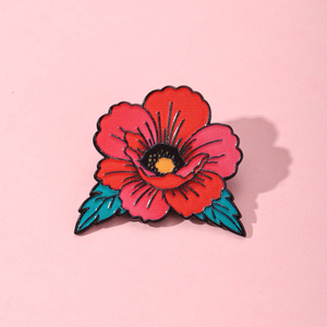 Broche de metal esmaltado con flor de amapola roja y hojas verdes, al por mayor - Product Image 2