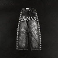 Streetwear Hip Hop Vintage Personnalisé, Coupe Droite, Impression Étoile, Finition Délavée, Décorations en Strass, Qualité Supérieure, Grandes Tailles