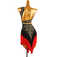 Robe de danse courte à col en V, bretelles spaghetti, dégradé de couleurs à sequins, avec franges, pour la danse latine, performance et compétition