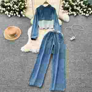 Casual Autumn Woven 2-Piece Set for Women <b>Top</b> and High Waist <b>Patchwork</b> Midi Denim Jogging Suits Wholesale - Product Image 4