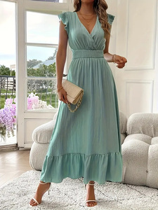 Robes longues décontractées de luxe pour femme, taille naturelle, vertes, à manches courtes et col en V, idéales pour les fêtes, cadeau d'anniversaire - Product Image 2