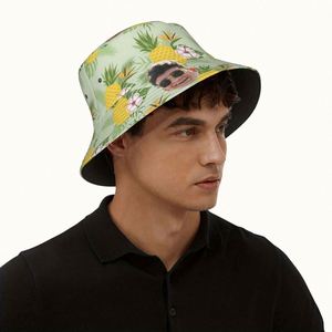 Custom Unisex Summer Bucket <b>Hat</b> with Tropical Pineapple Flower Pattern Personalized Cartoon Face Design Breathable Travel Cap - Product Image 5