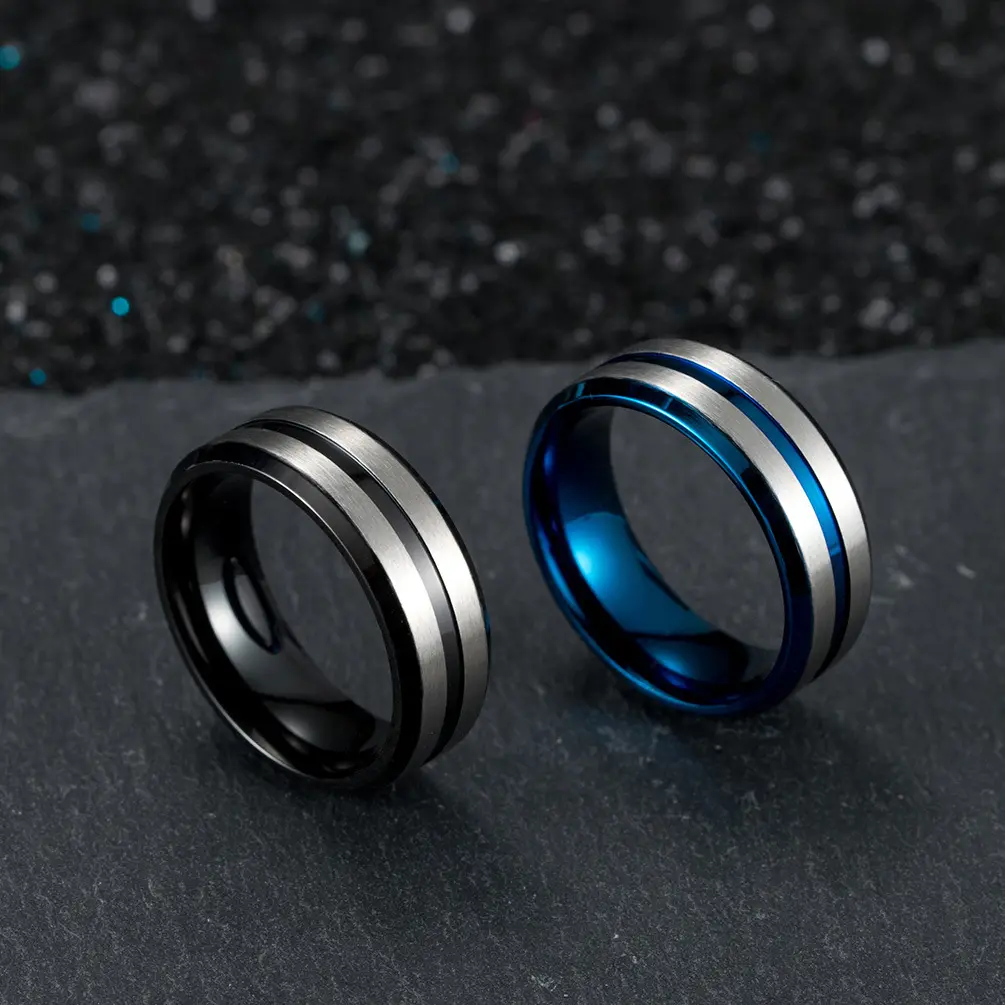 Grosir cincin pernikahan pria dasar nyaman pas perak emas biru Matte disikat cincin karbida Tungsten untuk pria wanita pasangan