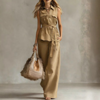Nouvel ensemble femme 2026 printemps-été style décontracté confortable européen et américain, gilet sans manches uni avec ceinture à nouer, longueur genou