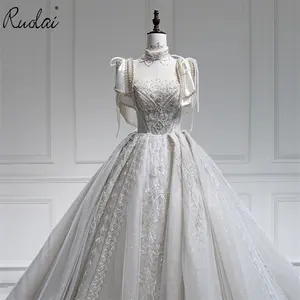 Ruolai ZW00192 Luxury Rhinestone Beading Sleeveless Scoop Back Bow Ball Gown Wedding Dress with Choker