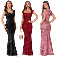 Robe de soirée en coton élastique à sequins pour femme, très tendance, avec col pendentif confortable en satin tricoté et jupe longue
