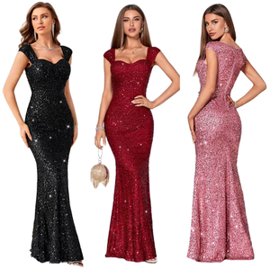 <span class=keywords><strong>Robe</strong></span> <span class=keywords><strong>de</strong></span> soirée en coton élastique à sequins pour <span class=keywords><strong>femme</strong></span>, très tendance, avec col pendentif confortable en satin tricoté et jupe longue - Product Image 1
