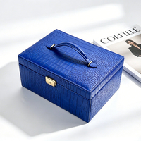 Boîtes à montres organisatrices de bijoux en cuir de crocodile bleu, forme carrée et rectangulaire, compartiments de capacité, poignée en cuir métallique, personnalisables