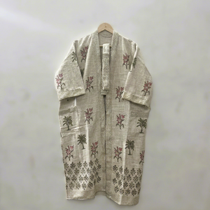 Robe kimono longue unisexe en coton imprimé à la main en Inde, col en V, manches courtes, écologique, motif floral palmier - Product Image 1