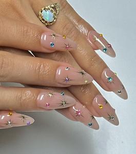 24 <span class=keywords><strong>faux</strong></span> ongles longs en amande à presser, base nude avec design étoile 3D et strass, finition brillante, amovibles, pour femmes - Product Image 1