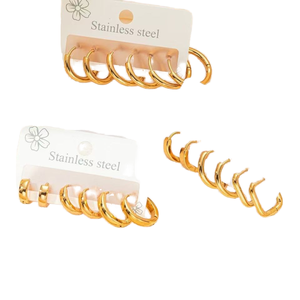 Damen Vintage Style Edelstahl 18 Karat vergoldet quadratische Creolen geometrische Diamant und Perle Set Großhandel - Product Image 2