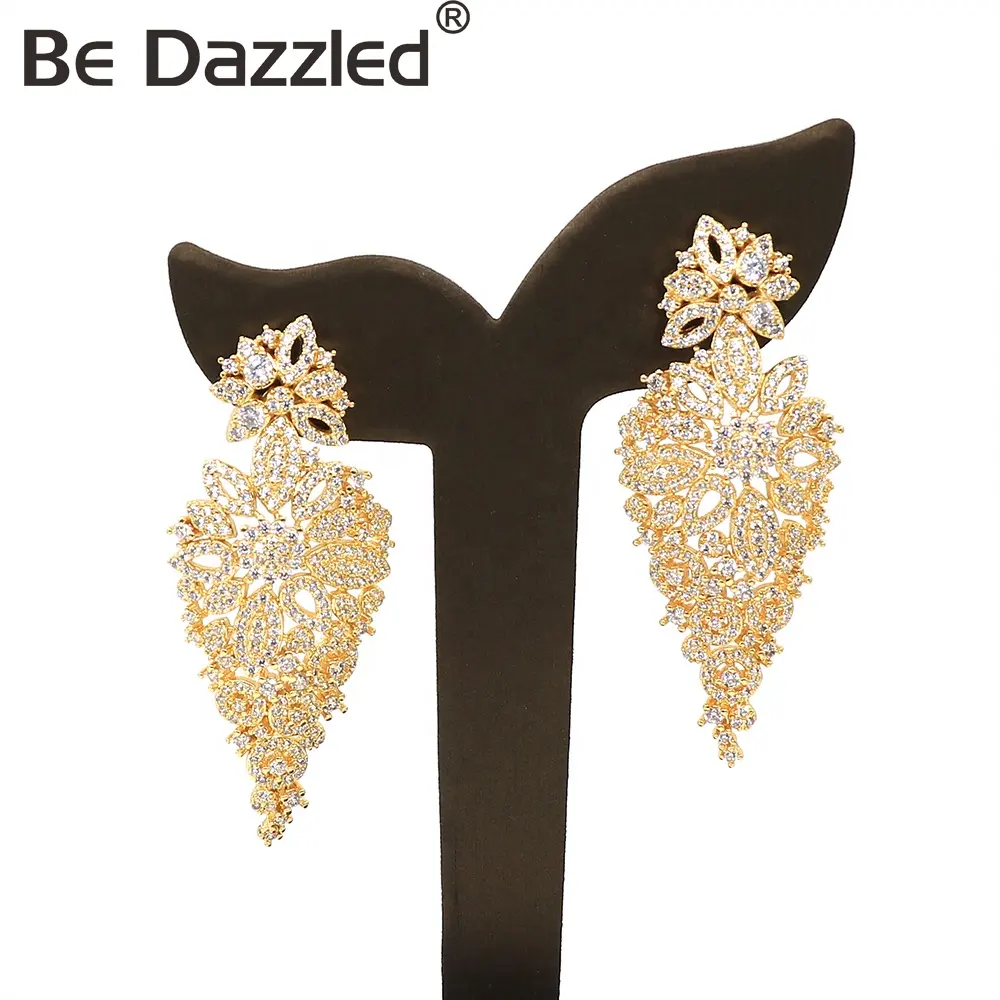 Bedazzled Fashion Anting Besar Desain Model Baru 24Kgold Anting Zirkonia Bentuk Daun