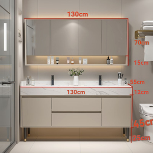 Sleek Warm-Tone Bathroom <b>Cabinet</b> Smart Mirror <b>Cabinet</b> with White Marble Top Washbasin Floor-<b>Mounted</b> <b>Cabinet</b> Body - Product Image 1