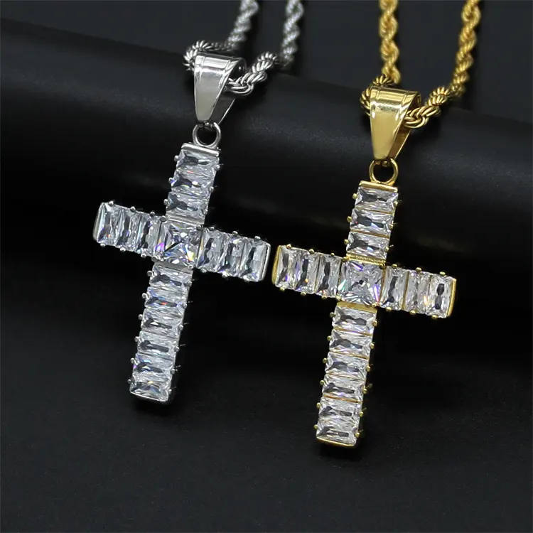 Wholesale jewelry 316 L stainless steel gold PVD plated rectangle zircon cross pendant