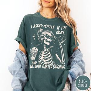 Maglietta Vintage Distressed con Stampa Scheletro 'I Asked Myself If I'm Okay' - OEM ODM, Divertente, Sarcasmica, per la Salute Mentale - Product Image 4