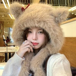 Conjunto de gorro y bufanda de peluche con orejas de zorro, color blanco, beige, caqui, cálido para invierno, para mujer adulta, estilo fresco y dulce, de una pieza. - Product Image 5