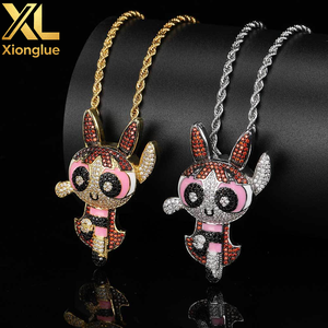 Custom Copper 18K Gold Plated Cartoon Character Pendant Necklace with Micro Paved CZ Charm Powerpuff Girls Bling - Product Image 2
