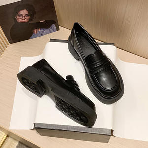 Women's British Style PU Leather Work Shoes Black <b>Long</b> Standing Not Tired Foot One Pedal Loafers with Toe Summer Thick Bottom JK - Product Image 2