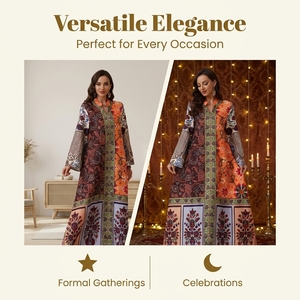 Boutique Style Printed Polyester Abaya Ethnic <b>Patchwork</b> Floral Long Sleeve Maxi Hotfix Detail Anti-Wrinkle Resort Gathering - Product Image 4