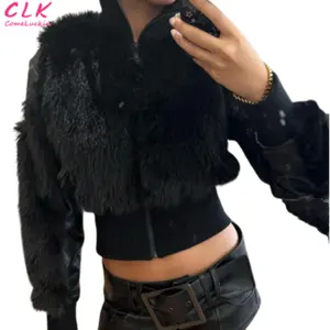 2023 Autumn Winter Female Coats Black Turtleneck Faux Fur Long Sleeve Zip Up Sexy Coat Jacket