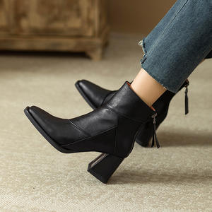 Elegantes Botines de Tacón Alto para Mujer, Invierno 2025, Estilo Vintage, Punta Cuadrada, Botines de Tobillo de Cuero Real de Alta Calidad para Dama - Product Image 1