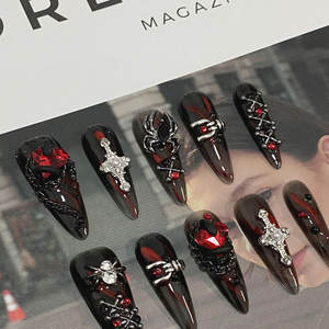 Ongles complets faits main style gothique sombre, haut de gamme, automne-hiver, rouge foncé, avec strass, pour un effet éclatant, fabrication artisanale pure - Product Image 2