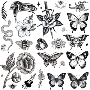 Vente en gros de 8 feuilles de tatouages temporaires grands et réalistes pour femmes et filles, motifs papillon noir, serpent, abeille, fleurs, style classique pour adultes - Product Image 2