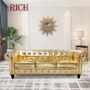 Mobili moderni pieno Oro in pelle chesterfield divano per soggiorno dorata lucida DELL'UNITÀ di elaborazione in pelle chesterfield-divano