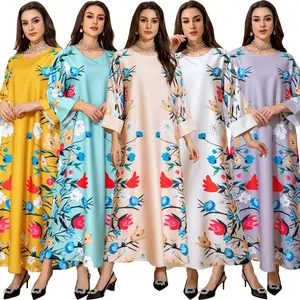 Saudi Vrouwen Abayas Retro Bloemenprint Kralen-Hals Lange Jurken 2023 Lente Zomer Casual Party Chique Jurk Elegant Gewaad