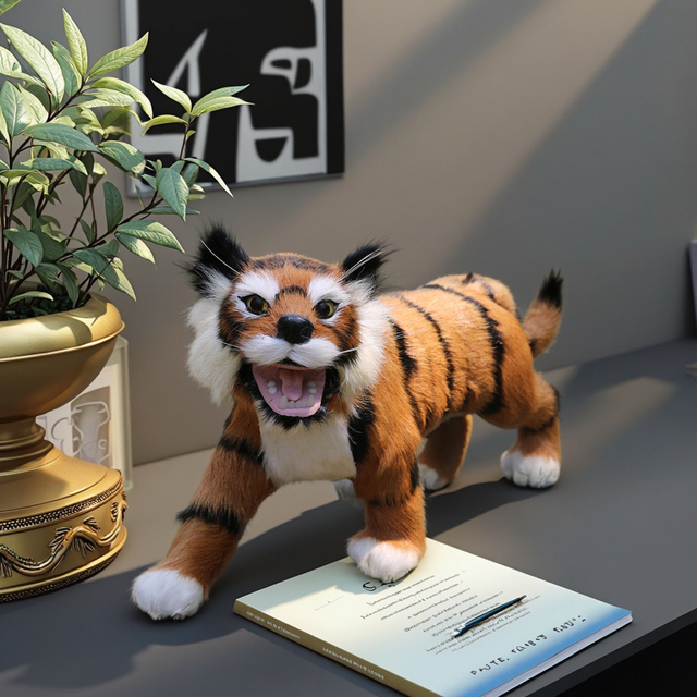 Realistic Handmade Fluffy Fur Tiger Model Toy Lifelike Rustic Design Lightweight Home Decor Ornament for Office or Desktop