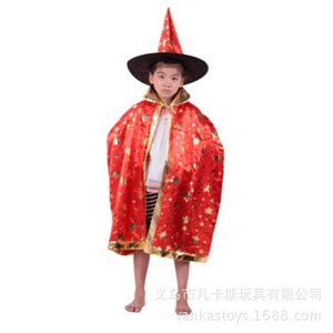 Childrens <b>Witch</b> Costume Cape With <b>Hat</b> Set Red Blue Star Print Unisex Halloween Costume For Kids - Product Image 4