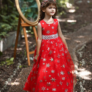 Vestido rojo de Navidad para niñas, vestido largo de princesa sin mangas con estampado de copos de nieve para fiesta, actuación, traje de boda - Product Image 1