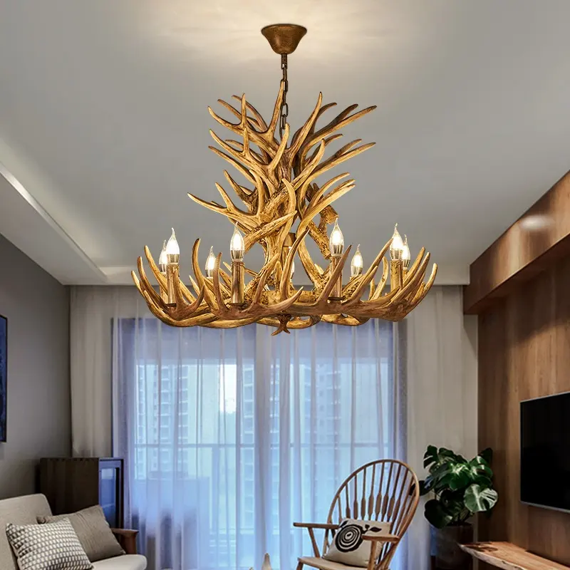 Lustre en bois de cerf extra large de style vintage de plafond naturel rustique