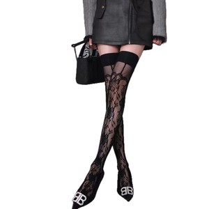 Lace <b>Socks</b> Over The Knee Black Floral Mesh Ultra Thin 0D <b>Polyester</b> Women Spring Summer Autumn - Product Image 5