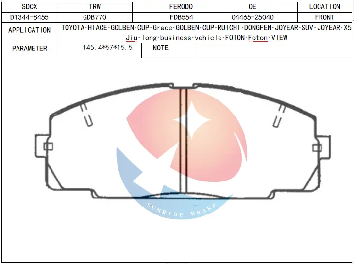 SDCX AUTO avant D1344 04465-25040 04491-26180 04491-26320 PN1237 pour Toyota Hiace gros disque plaquettes de frein en céramique