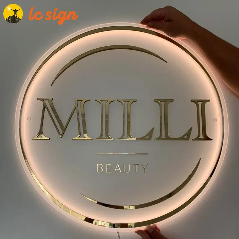 Led Logo Samples En Merk Embleem 3d Logo Borden Metalen Teken Van Bedrijfsnaam Interieurbord