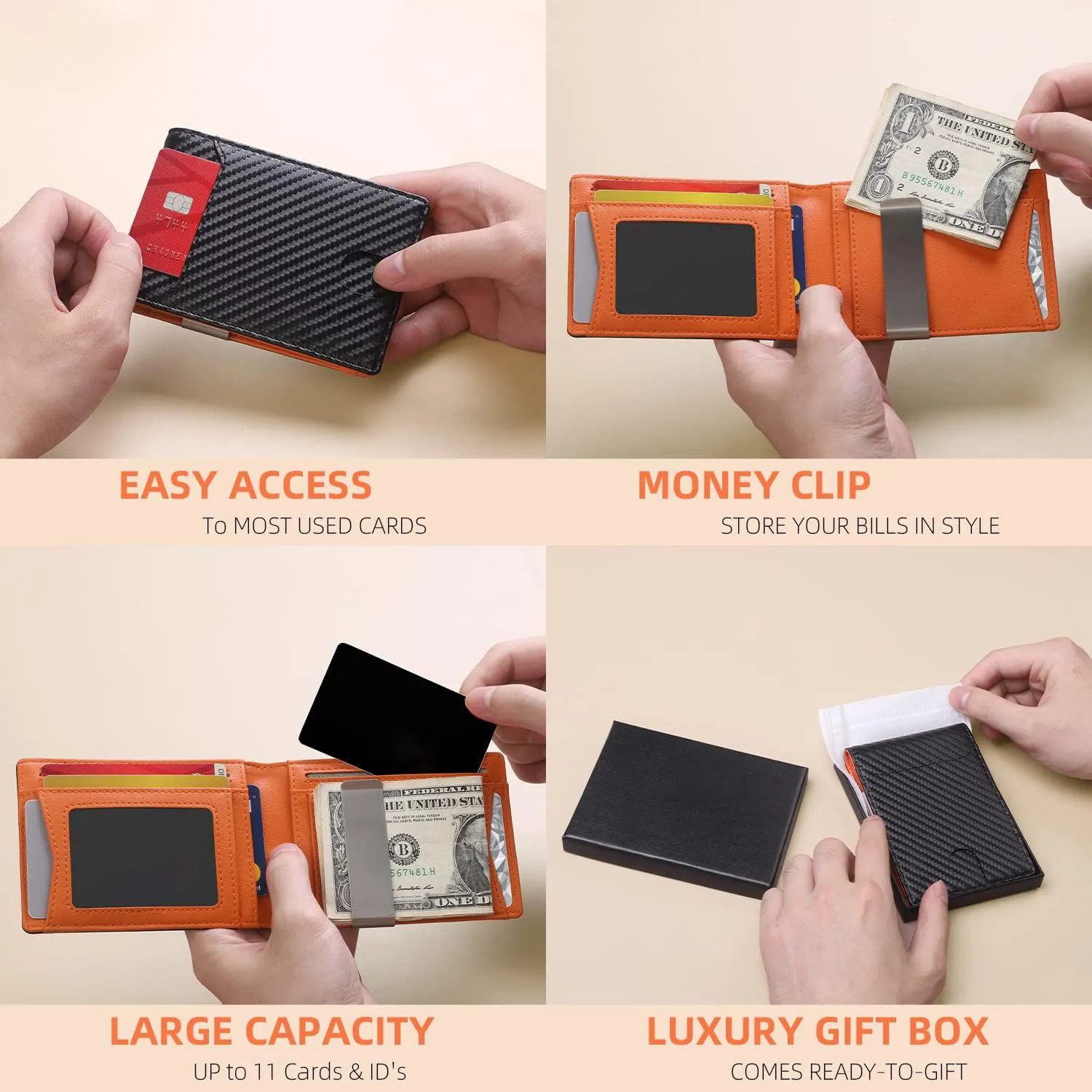 Pince à billets en cuir mince portefeuille pour hommes blocage RFID poche avant porte-carte de crédit à deux volets