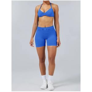 طقم يوجا نسائي بدون خياطة مع تجعيدات، ملابس رياضية، شورت رياضي قصير، حمالة صدر رياضية بحمالات، طقم من قطعتين، ملابس تمرين بحمالة رقبة، بدلة لياقة بدنية - Product Image 4