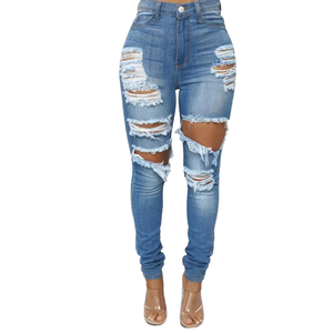 Jeans de Mezclilla Clásicos y Elegantes para Mujer, de Cintura Alta, Transpirables, Vintage, Rotos, Ajustados, Ecológicos, de Spandex/Algodón, para Uso Diario - Product Image 1