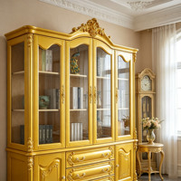 Bibliothèque de luxe européenne en bois massif, vitrine en verre sculptée dorée, armoire de rangement pour villa et maison, vente en gros